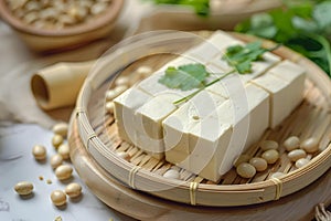 AI generated illustration of tofu cubes topped with parsley and beans