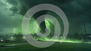 AI generated illustration of a tornado with green lightning hovering above rural houses