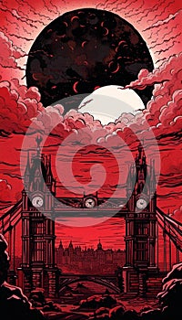AI generated illustration of the Tower Bridge in London at sunset with a red full moon in the sky