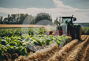 AI generated illustration of a tractor working hard to cultivate a field of lush agricultural crops