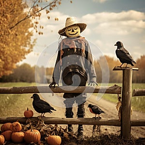 AI generated illustration of a traditional scarecrow in a field of pumpkins