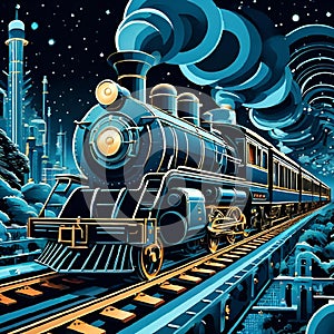 AI generated illustration of a train on railroad tracks at night