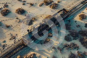 AI generated illustration of a train traveling through a vast desert landscape