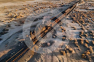 AI generated illustration of a train traveling through a vast desert landscape