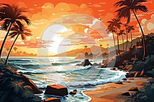 AI generated illustration of A tranquil beach scene with sunset colors of orange