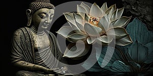 AI generated illustration of a tranquil image of a Buddha statue situated next to a beautiful flower