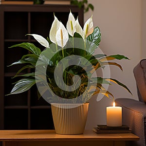 AI-generated illustration of A tranquil scene with a Spathiphyllum wallisii on a table in a room