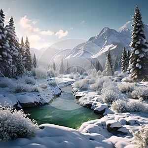 a river running through a snow covered forest next to tall pines