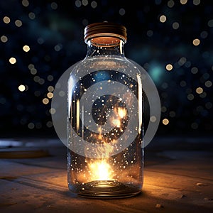 AI generated illustration of a transparent bottle filled with water illuminated by a glowing star