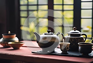 an oriental tea set on a tray near a window with other accessories