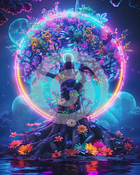 AI generated illustration of a tree adorned with radiant lights, encircled by blossoms