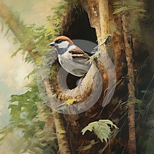 Tree sparrow inside tree