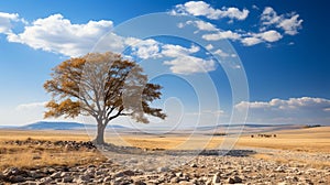 AI generated illustration of a tree stands resolute in the middle of a vast expanse of golden grass