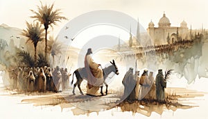 Triumphal Entry into Jerusalem. Passion Sunday. Watercolor Biblical Illustration photo