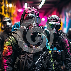 AI generated illustration of a troop of male soldiers wearing protective colorful gas masks