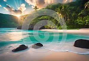 AI generated illustration of a tropical beach with bright blue water, lush palm trees and white sand