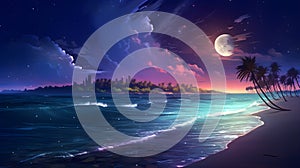 AI generated illustration of a tropical beach at night with palm trees, moonlight, and ocean waves