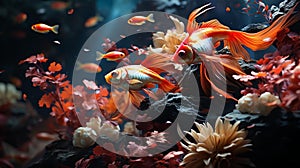 AI generated illustration of tropical fish swimming in unison in an aquatic environment