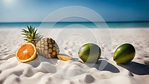 two tropical fruits on a beach with the water in the background