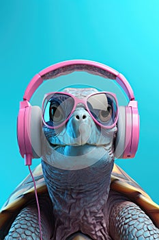 AI generated illustration of a turtle wearing headphones and sunglasses on a blue background