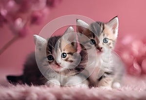 AI generated illustration of two adorable gray and white kittens sitting on a soft pink rug