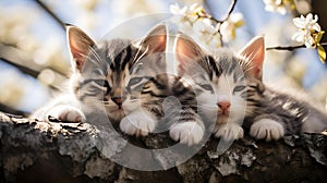 AI generated illustration of two adorable kittens snuggling together on a tree branch