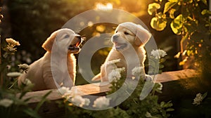 AI-generated illustration of two adorable labrador puppies enjoying a sunny day in the garden