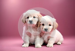AI generated illustration of two adorable yellow and white puppies sitting on a vibrant pink floor