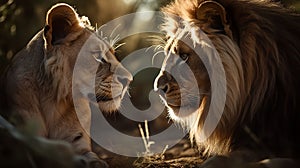 AI generated illustration of two African lions standing side by side in a grassy savannah landscape