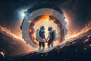 Ai generated illustration of two Astronauts holding hands.