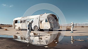 AI generated illustration of two astronauts standing in front of an abandoned bus