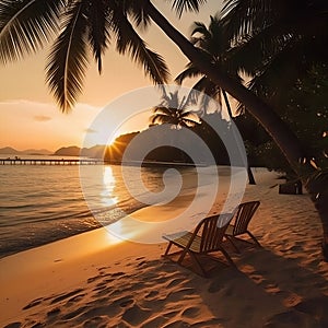 AI generated illustration of two beach chairs positioned on the shoreline