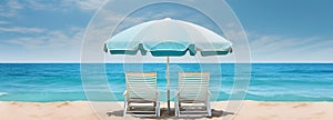 AI generated illustration of two beach chairs under an umbrella at the shoreline of a sandy beach