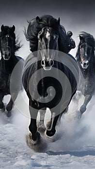 AI generated illustration of two black horses galloping across a snow-covered field