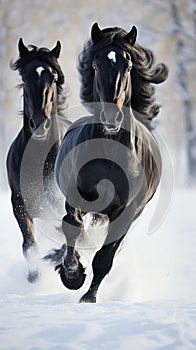 AI generated illustration of two black horses galloping across a snow-covered field