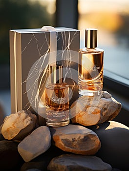 AI-generated illustration of Two bottles of perfume displayed atop a bed of rocks