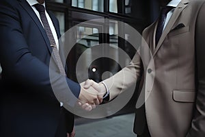 AI generated illustration of two business professionals shaking hands in agreement