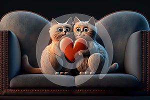 AI generated illustration of two cats cuddling together on a sofa holding a heart