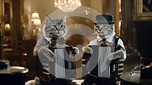 AI generated illustration of two cats having fun playing the accordion together and creating music