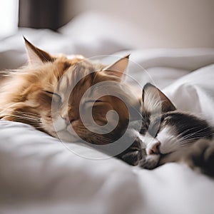 AI generated illustration of two cats snuggled up together on a bed, cozy and content