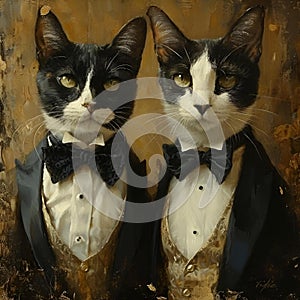two cats wearing tuxedos pose for a painting by a fence photo