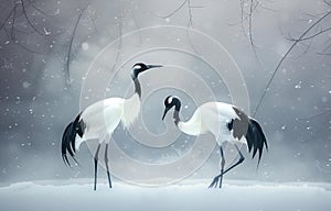 AI-generated illustration of two cranes amidst a snowy landscape, surrounded by fog and trees