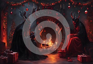 AI generated illustration of two demonic figures near a fireplace exchanging Christmas gifts