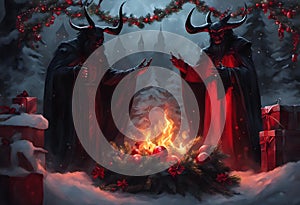 AI generated illustration of two demonic figures near a fireplace exchanging Christmas gifts