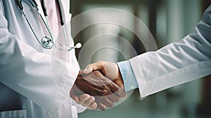 AI generated illustration of two diverse medical professionals in white robes shaking hands