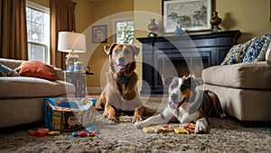 AI generated illustration of two dogs resting side by side on the floor, surrounded by playthings