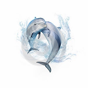 AI generated illustration of two dolphins jumping out of the water against a white background