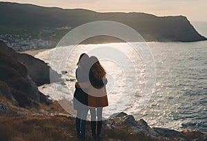 AI generated illustration of two female friends embracing in a warm hug on a rocky beach