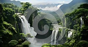 two waterfalls in the forest with green trees and clouds above