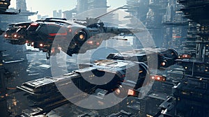 AI generated illustration of two futuristic hovercrafts flying above a bustling cityscape